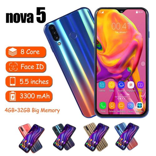 2.5D Arc 5.5“ HD Screen Nova5 4+32g Face Recognition Android 8.1 Octa Core 8+16mp Camera Dual-SIM Smartphone Black| Fiche Technique et Prix au Maroc