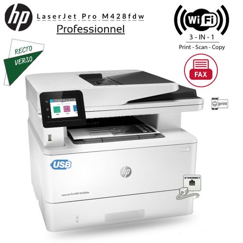 Hp Imprimante LaserJet Pro M428fdw 40PPM, Impression, copie, scan,fax,R&V auto| Fiche Technique et Prix au Maroc