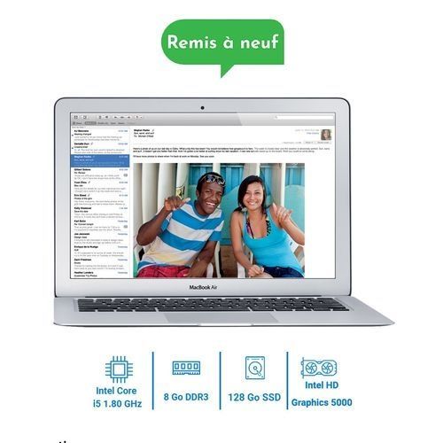 Apple MacBook Air 13“ 2017 Argent - Intel Core i5 1.6 Ghz - 8Go DDR3 - 128Go SSD - Intel HD Graphics 6000 - Os 10.13.3 - Remis à neuf| Fiche Technique et Prix au Maroc