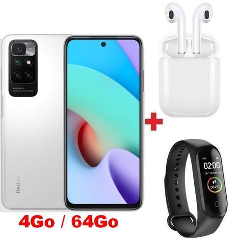 XIAOMI Redmi 10 - 4G - 6.5“ - (4Go, 64Go) - 50MP/8MP - Android - Blanc + Band + Écouteur| Fiche Technique et Prix au Maroc