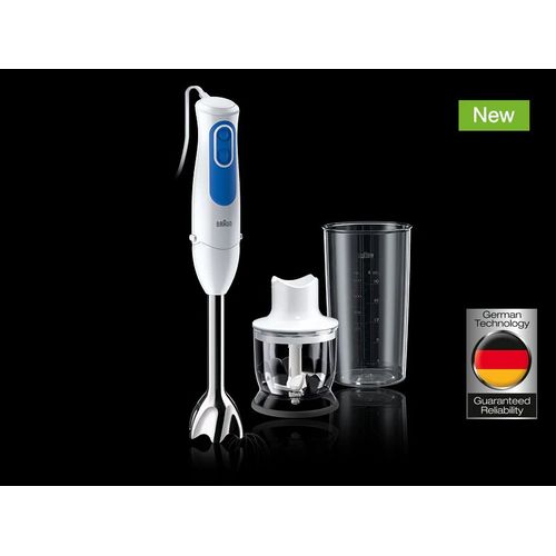Braun MultiQuick3 Mixeur plongeant 2in1 ,700w ,2 vitesses ,avec mini hachoir+verre doseur ,blanc/bleu| Fiche Technique et Prix au Maroc