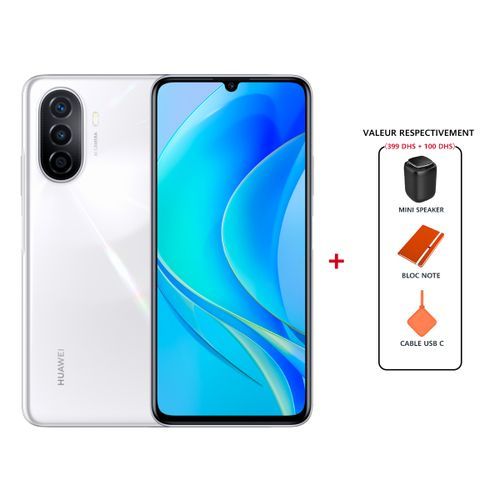 Huawei nova Y70 - 6,75“ - 4GB+128GB - Pearl White Dual Card + Gift HUAWEI Package| Fiche Technique et Prix au Maroc