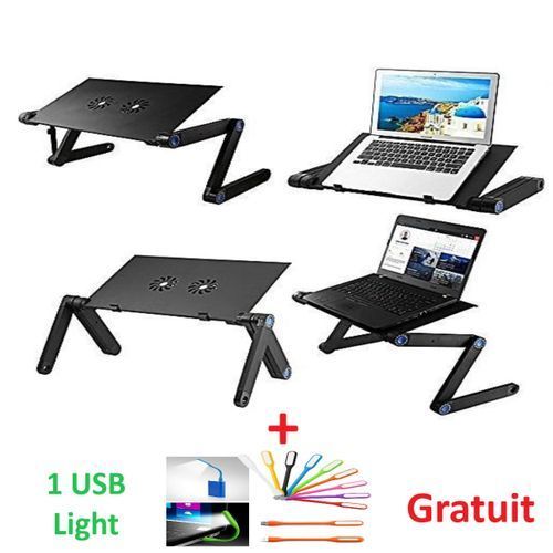 Table d’ordinateur portable, Réglable, Pliable, Support Souris, Double Ventilateurs de refroidissement, Léger pour PC Ordinateur Portable/ Notebook (Noir) + 1 lampe LED light gratuit| Fiche Technique et Prix au Maroc