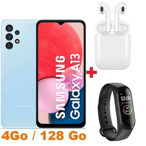 Samsung Galaxy A13 6.6“ LTE 4GB RAM + 128GB ROM 50 Mpx - Blue + Écouteur + Smart Watch| Fiche Technique et Prix au Maroc