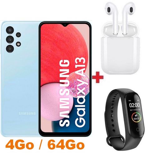 Samsung Galaxy A13 6.6“ LTE 4GB RAM + 64GB ROM 50 Mpx - Bleu + Écouteur + Smart Watch| Fiche Technique et Prix au Maroc