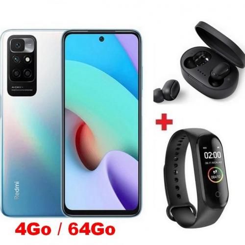 XIAOMI Redmi 10 - 4G - 6.5" - (4Go, 64Go) - 50MP - Android - Blanc + Band + Écouteur
 Fiche Technique et Prix au Maroc