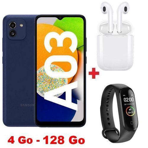 Samsung Galaxy A03 - 6,5' HD+  4Go Ram - 128Go - 48MP- 5000 mAh - Bleu + Band + Écouteur
 Fiche Technique et Prix au Maroc