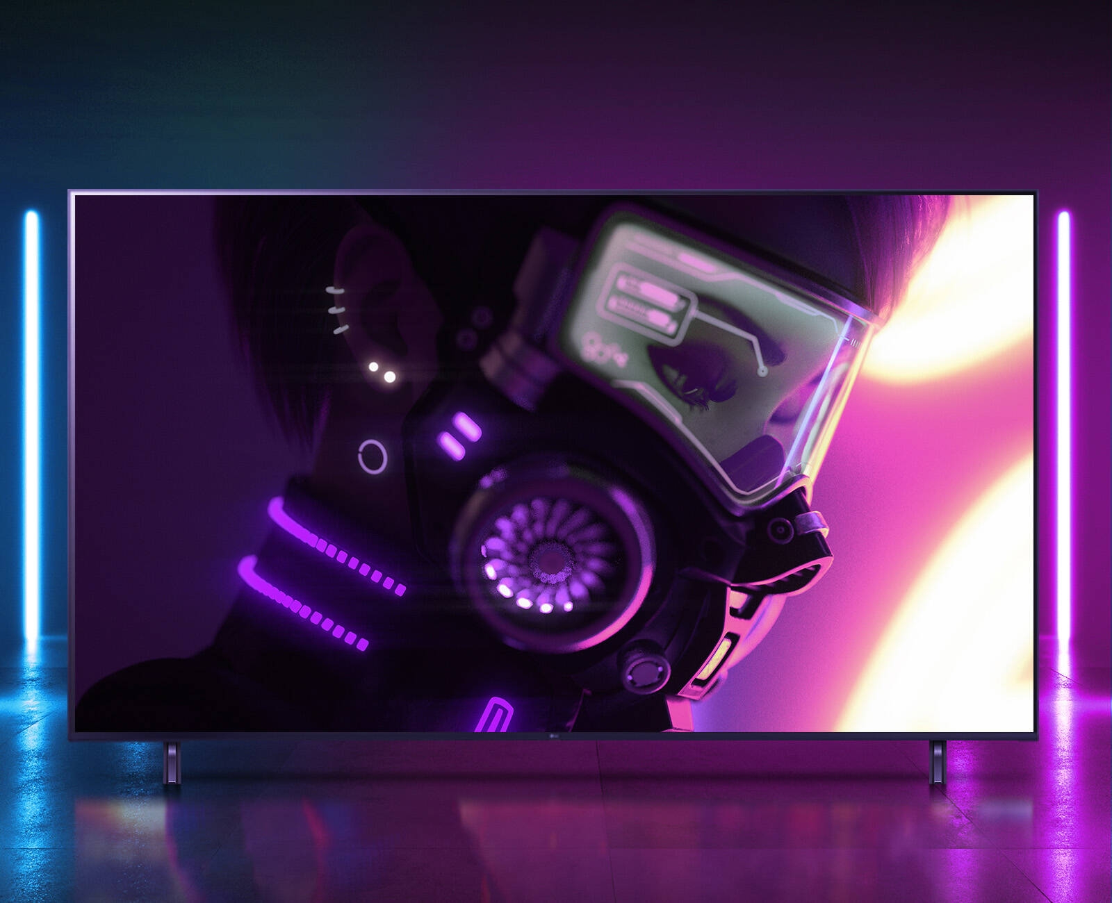 Moniteur montrant un personnage portant des engrenages de haute technologie.