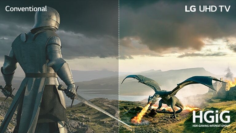 Un chevalier en armure avec une épée et un dragon soufflant du feu se font face.  Sur l'image, il y a des textes de Conventionnel en haut à gauche, LG UHD AI ThinQ en haut à droite et un logo HGiG en bas à droite.