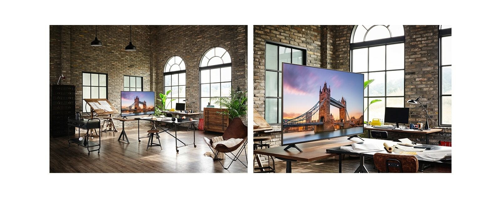 Une télévision affichant une image de London Bridge se trouve dans une salle de travail antique.  Un gros plan d'un téléviseur affichant une image de London Bridge est sur une table dans une salle de travail antique.
