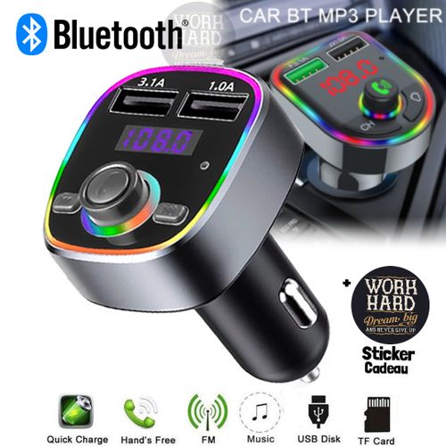 Chargeur de Voiture FAST CHARGE LED RGB FM Bluetooth MP3 Ecran LED+Stiker cadeau
 Fiche Technique et Prix au Maroc