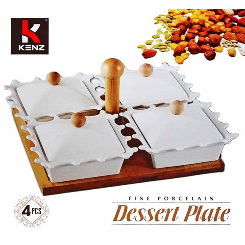 Assiette en Porcelaine avec Plateau en Bois Bambou - 4 Assiettes // Set de Dessert Plate
 Fiche Technique et Prix au Maroc