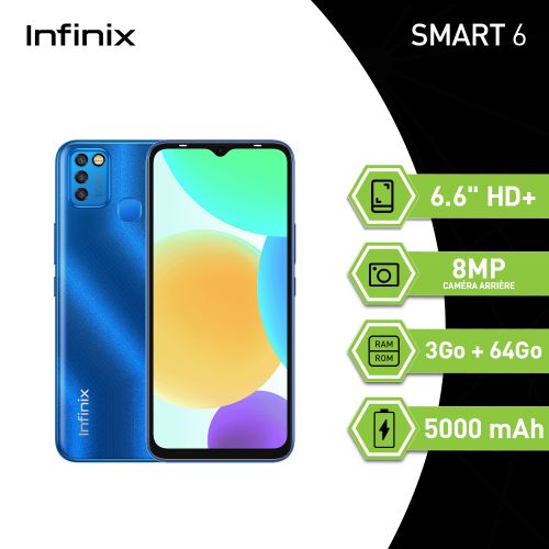 Infinix Smart 6 (3GB+64GB)/Écran 6.6''HD+/4G/5000mAh/Quetzal Cyan
 Fiche Technique et Prix au Maroc