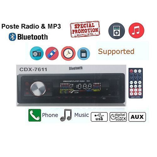 Radio Voiture Bluetooth CDX-7611 LCD- SD CARD -FM -AUX-MP3 / WMA / FLAC pour USB
 Fiche Technique et Prix au Maroc