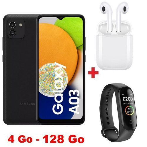 Samsung Galaxy A03 - 6,5' HD+  4Go Ram - 128Go - 48MP- 5000 mAh - Noir + Band + Écouteur
 Fiche Technique et Prix au Maroc
