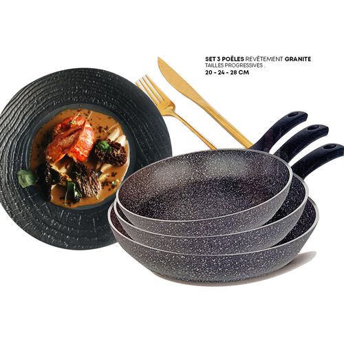 Set 3 Poêles en Granite, Tailles Progressives 20-24-28CM, Antiadhésives Robustes
 Fiche Technique et Prix au Maroc