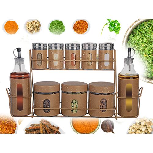Set 8 Pots A Épices + 2 Huilières Avec Présentoir  Assaisonnements Divers Sauces
 Fiche Technique et Prix au Maroc