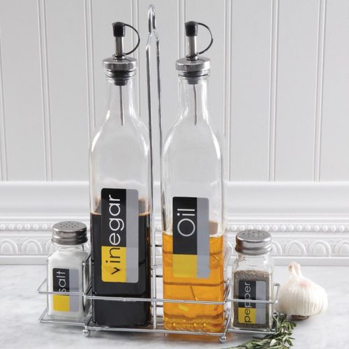 Set de 2 Bouteilles d'huile & vinaigre + 2 Boites à épices en verre + Support
 Fiche Technique et Prix au Maroc