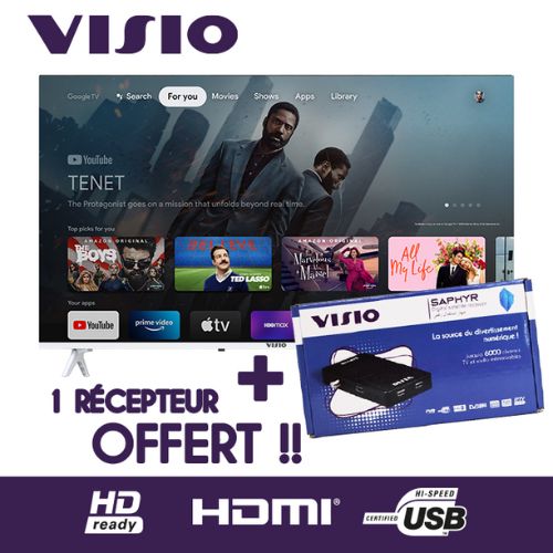 Visio TV 32" Pouces HD + Récepteur SAPHYR VISIO + TNT + HDMI + USB
 Fiche Technique et Prix au Maroc