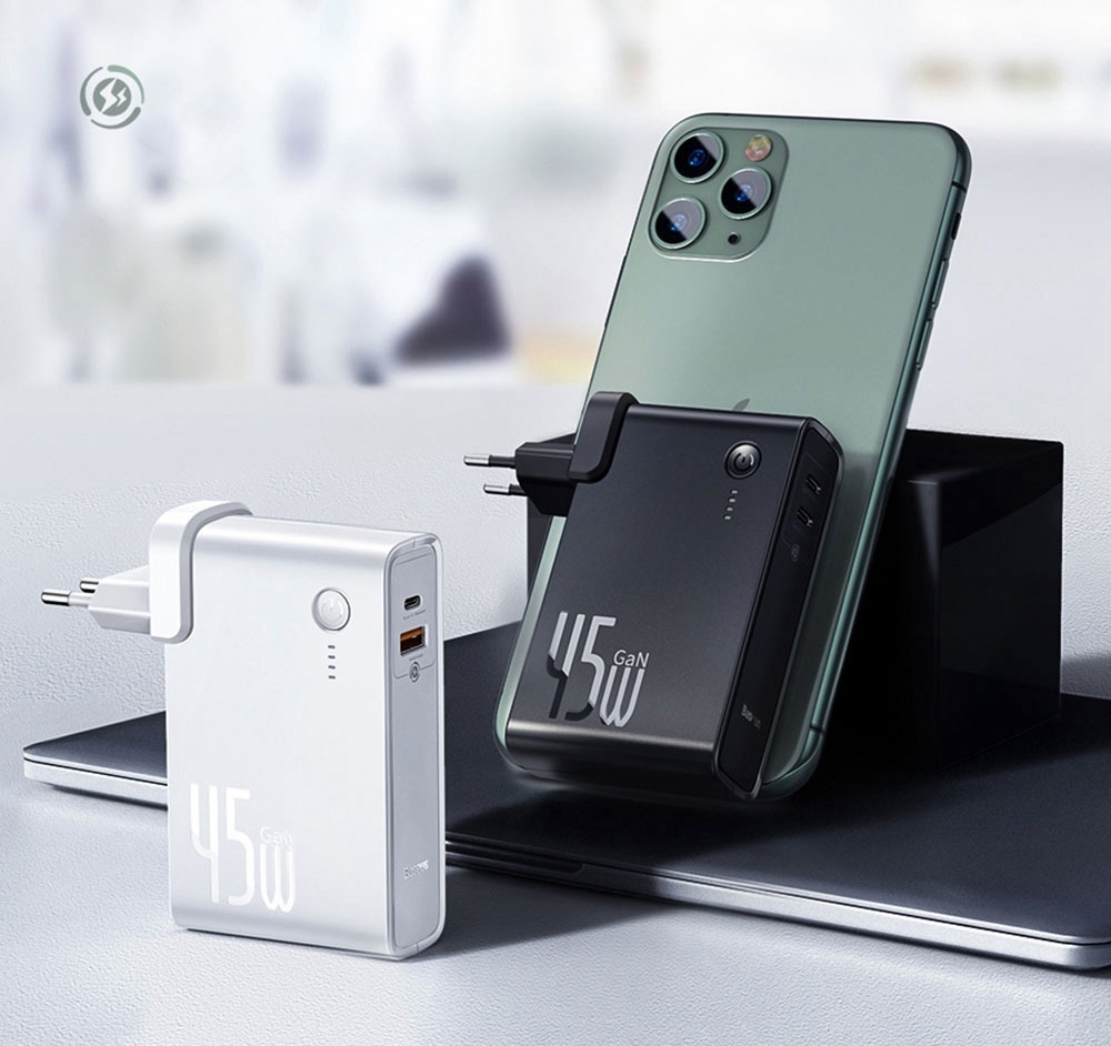 Baseus GaN 2 En 1 Chargeur Mural USB-C 45W PD Charge Rapide + Banque d'Alimentation 10000mAh Batterie PD3.0 QC3.0 Alimentation Charge Rapide Alimentation Pour iPhone 11 SE 2020 Pour iPad Pro 2020 Xiaomi 10 Huawei P40 Pro Port Eu - Noir