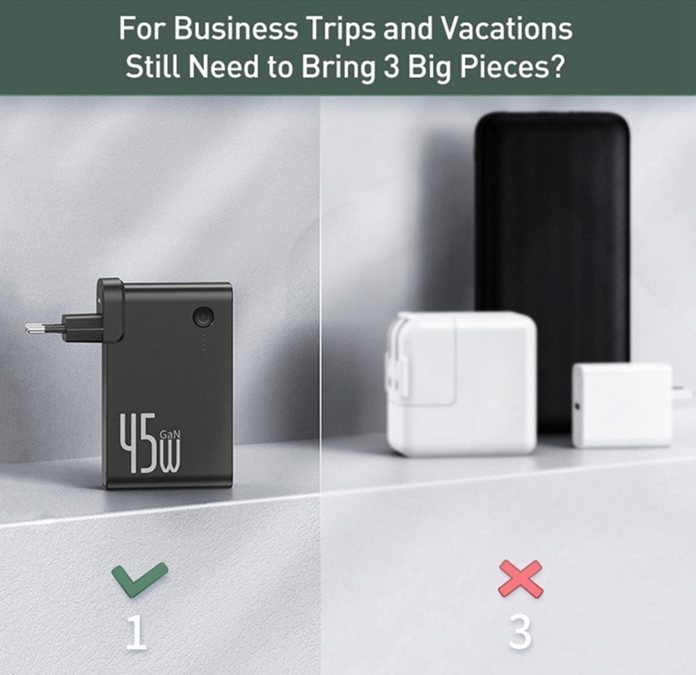 Baseus GaN 2 En 1 Chargeur Mural USB-C 45W PD Charge Rapide + Banque d'Alimentation 10000mAh Batterie PD3.0 QC3.0 Alimentation Charge Rapide Alimentation Pour iPhone 11 SE 2020 Pour iPad Pro 2020 Xiaomi 10 Huawei P40 Pro Port Eu - Noir