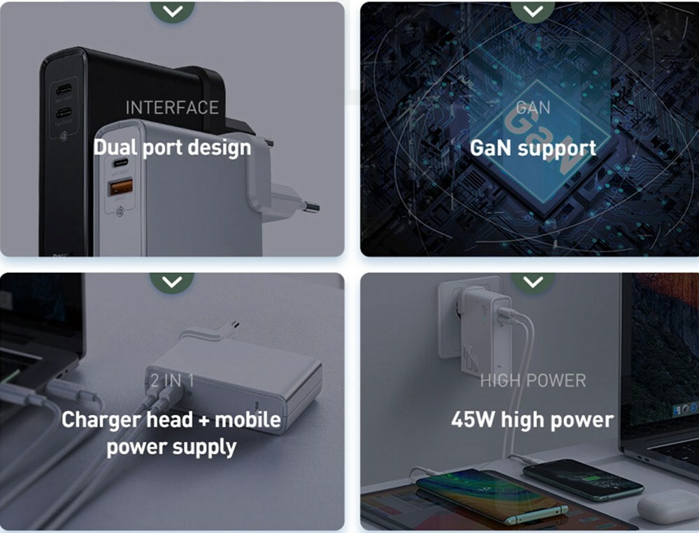 Baseus GaN 2 En 1 Chargeur Mural USB-C 45W PD Charge Rapide + Banque d'Alimentation 10000mAh Batterie PD3.0 QC3.0 Alimentation Charge Rapide Alimentation Pour iPhone 11 SE 2020 Pour iPad Pro 2020 Xiaomi 10 Huawei P40 Pro Port Eu - Noir