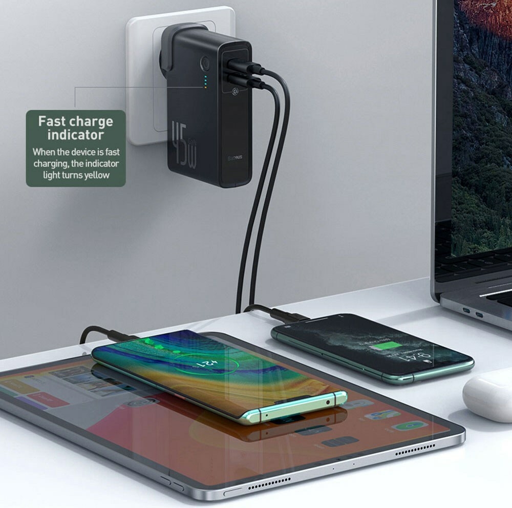 Baseus GaN 2 En 1 Chargeur Mural USB-C 45W PD Charge Rapide + Banque d'Alimentation 10000mAh Batterie PD3.0 QC3.0 Alimentation Charge Rapide Alimentation Pour iPhone 11 SE 2020 Pour iPad Pro 2020 Xiaomi 10 Huawei P40 Pro Port Eu - Noir