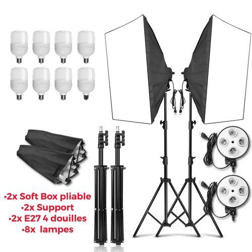 Puluz 2 Softbox 50x70cm ,8 lampes, 2 Tripied 200cm
 Fiche Technique et Prix au Maroc