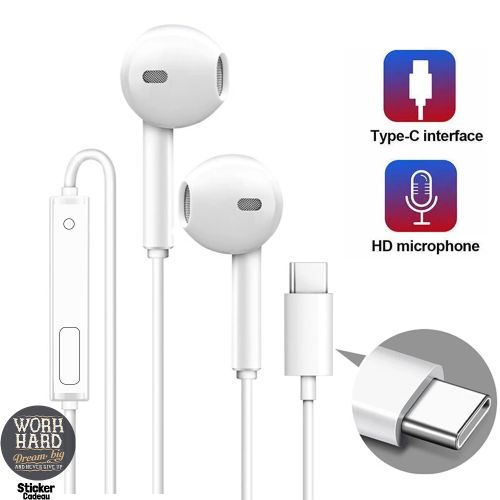 Écouteurs Type C Stereo,Isolation du Bruit,Son Haute+Sticker cadeau
 Fiche Technique et Prix au Maroc