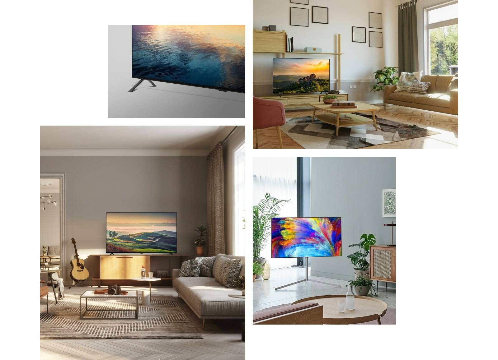 Une vue latérale des pieds de base du LG OLED A2.  Un LG OLED A2 est posé sur un meuble TV en bois dans un salon neutre avec des plantes et des livres.  Un LG OLED A2 avec Gallery Stand se trouve dans le coin d'une pièce couleur menthe avec plusieurs plantes.  Un LG OLED A2 est posé sur un meuble TV en bois dans un salon neutre avec une guitare, un appareil photo et des plantes.