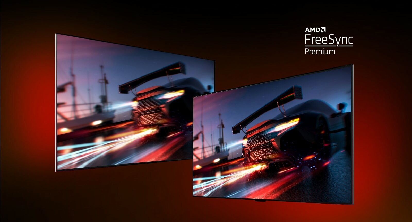 Il y a deux téléviseurs - à gauche montre une scène de jeu FORTNITE avec une voiture de course.  Sur la droite montre également la même scène de jeu mais dans un affichage d'image plus lumineux et plus clair.  Dans le coin supérieur droit, le logo premium AMD FreeSync apparaît.