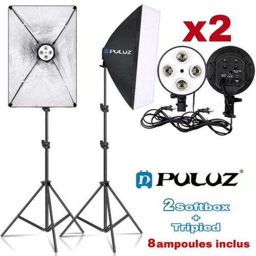 Puluz 2Softbox 50x70cm ,8 lampes, 2 Tripied 200cm, studio photographie video
 Fiche Technique et Prix au Maroc