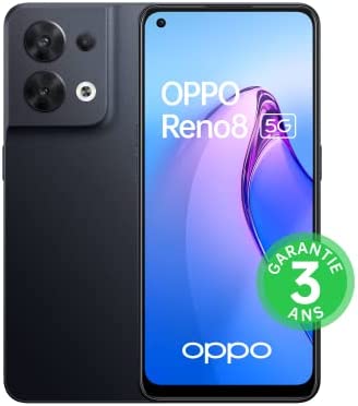 OPPO Reno 8 - Smartphone 5 G - 8 Go RAM + 256 Go - Triple Capteur Photo 64 MP, Frontal 32 MP - Écran AMOLED 90 Hz 6,4” - Batterie 4500 mAh + Charge Rapide 80W - Noir Chatoyant [version FR] Fiche Technique et Prix au Maroc