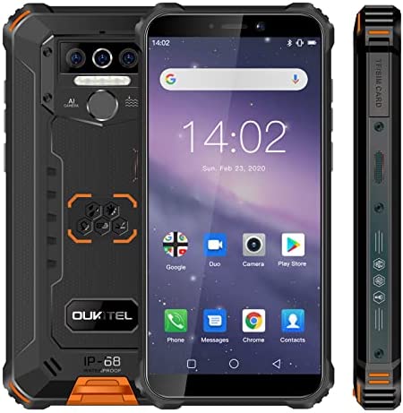4G Téléphone Incassable OUKITEL WP5, Grande Batterie 8000mAh, Smartphone Antichoc Etanche IP68, 4GO RAM + 32Go ROM, Lampe de Poche 4 LED, Android 10.0, Dual SIM 4G, Reconnaissance Faciale, GPS, Orange Fiche Technique et Prix au Maroc