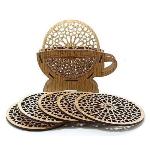 6 grands sous tasse de thé et café et jus avec leur support en bois gravé
 Fiche Technique et Prix au Maroc