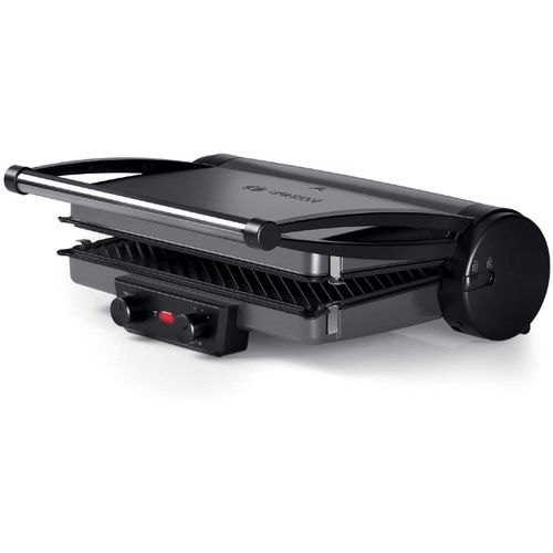 Bosch TCG4215 Grill Panini 3en1 ouvrable 180°, avec 2 thermostats , Antiadhésif , Silver/Inox , 2000W ,plat à gratin inclus
 Fiche Technique et Prix au Maroc