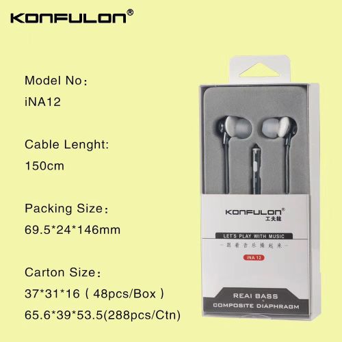 Konfulon Kit écouteurs originale iNA12 - 3.5mm Plug Wired avec microphone intra-auriculaires Pure Music pour téléphone portable
 Fiche Technique et Prix au Maroc