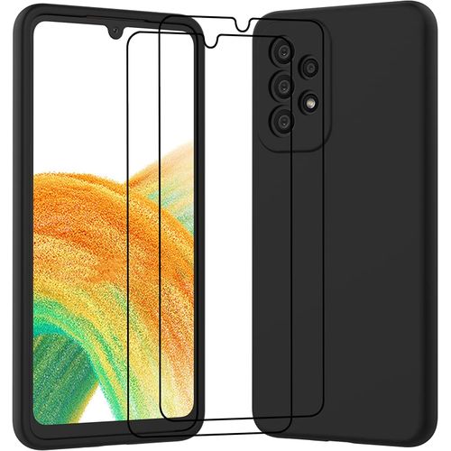 Samsung A33 5G Coque Silicone Noir + 1 Verres Trempes Noir
 Fiche Technique et Prix au Maroc