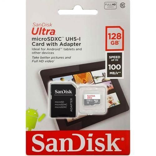 Sandisk ULTRA microSDXC UHS-I Carte Mémoire 128 Gb 100MB/s Class 10 + ADAPTATEUR FULL HD
 Fiche Technique et Prix au Maroc