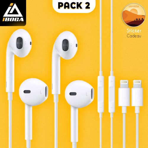 iboga PACK 2 Écouteurs filaires pour iphone MFi Microphone intégré et contrôle du volume + sticker
 Fiche Technique et Prix au Maroc