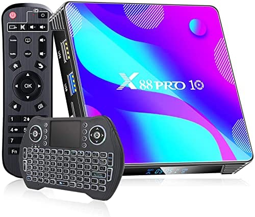 Box TV Android 11.0, X88 Pro 10 Android TV Box, RK3318 Quad-Core, 2 Go de RAM 16 Go de ROM 2,4 G/5 G double WiFi BT 4.0, 4K USB 3.0 Smart TV Box avec mini clavier sans fil rétroéclairé Fiche Technique et Prix au Maroc