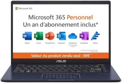 ASUS Vivobook 12 E210MA-GJ456WS PC Portable 11,6" HD (Intel Celeron N4020, RAM 4Go DDR4, 64Go eMMC, Windows 11 Home) Clavier AZERTY Français + Microsoft 365 Personnel Inclus Fiche Technique et Prix au Maroc