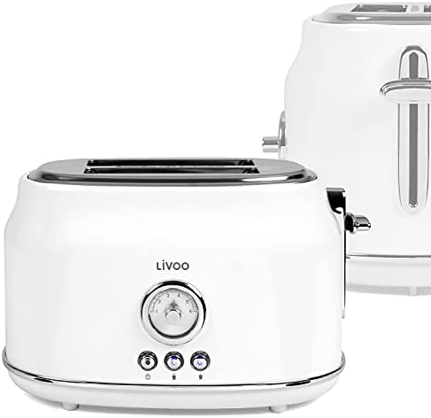 Grille-pain blanc rétro Thermostat réglable 6 niveaux 2 disques (815 W, 2 fentes pour toasts, tiroir ramasse-miettes, 3 fonctions avec voyants LED pour arrêt, réchauffage et décongélation) Fiche Technique et Prix au Maroc