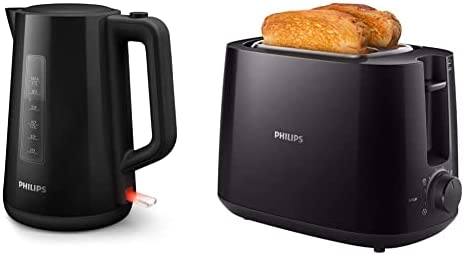 Philips HD9318/20 Bouilloire Plastique Noire 1,7 L, 2 200 W & HD2581/90 Grille-pain Daily Collection, 8 réglages, Access, réchauffe-viennoiseries intégré, Design compact - Noir Fiche Technique et Prix au Maroc