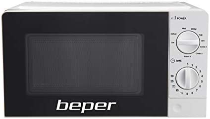 BEPER P101FOR001 Micro-ondes 20L avec grill, 700 Watt, minuteur réglable, 5 niveaux de puissance, 3 modes de cuisson, plateau rotatif en verre 24,5 cm, blanc Fiche Technique et Prix au Maroc