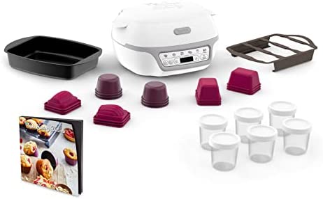 Tefal Machine à gâteaux, 5 programmes automatiques, 1 mode manuel, 1100 W, Moules acier antiadhésifs CreaBake + 6 pots en verre inclus, Livret recettes, Application, Cake Factory Delices KD812110 Fiche Technique et Prix au Maroc