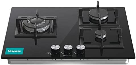 Hisense GG633B Plaque de gaz naturel 3 zones 60 cm Grille en fonte et verre trempé noir Allumage automatique intégré dans les commandes Sécurité GasStop Nettoyage facile Fiche Technique et Prix au Maroc