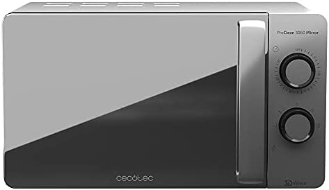 Cecotec Micro-Ondes ProClean 3060 Gray Mirror. Capacité de 20 L, Revêtement Ready2Clean, 700 W de Puissance, 6 Niveaux de Fonctionnement, Minuterie 30 Minutes, Mode Décongeler, Finition Argenté. Fiche Technique et Prix au Maroc