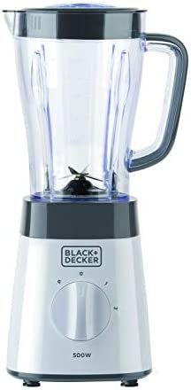 BLACK+DECKER BXJB500E - Blender mixeur 500W, bol en plastique 1.5L, 2 vitesses + Pulse, 4 lames en acier inoxydable, blanc et gris Fiche Technique et Prix au Maroc