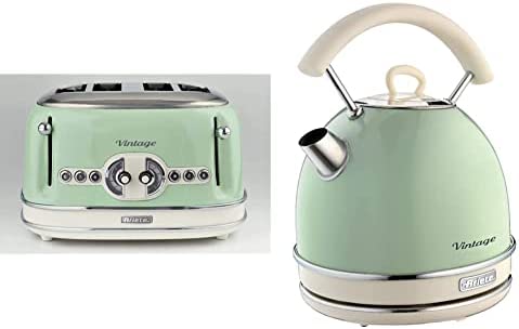 Ariete 156 Grille-pain design Vintage 4 tranches, sans pince, 1600 watts, 6 niveaux de grillage, Acier inoxydable, Vert pastel & Vintage 2877 Bouilloire Électrique Design, 2000 W, 1,7 L, Vert Pastel Fiche Technique et Prix au Maroc